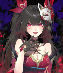 1girl bare_shoulders bell black_choker black_gloves brown_hair choker dress fox_mask gloves highres honkai:_star_rail honkai_(series) long_hair looking_at_viewer mask mask_on_head neck_bell pink_eyes red_dress solo sparkle_(honkai:_star_rail) suhgi twintails