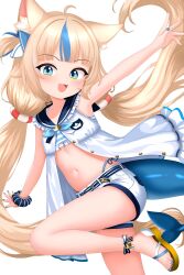1girl absurdres animal_ear_fluff animal_ears arm_up armpits belt bikini bikini_under_clothes blonde_hair blue_eyes dress feet fins fish_tail furfik highres indie_virtual_youtuber leg_up lifebuoy_hair_ornament long_hair low_twintails multicolored_hair nail_polish navel open_clothes open_dress open_mouth sameko_saba sandals short_shorts shorts side-tie_bikini_bottom sleeveless sleeveless_dress smile solo standing standing_on_one_leg stomach streaked_hair striped_bikini striped_clothes swimsuit tail thighs toes twintails very_long_hair virtual_youtuber white_dress white_shorts