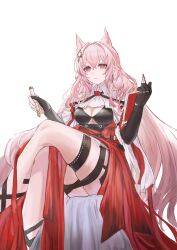1girl absurdres animal_ears arknights asymmetrical_gloves baishi_(user_ttfj7553) book breasts bright_pupils cleavage closed_mouth commentary_request crossed_legs elbow_gloves expressionless gloves hair_between_eyes hair_intakes highres holding holding_book jewelry long_hair looking_ahead medium_breasts mismatched_gloves multiple_rings nib_pen_(object) partially_fingerless_gloves pen pink_hair pozyomka_(arknights) red_eyes ring simple_background sitting solo thigh_strap very_long_hair white_background white_pupils
