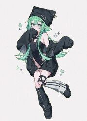 Rule 34 | 1girl, absurdres, animal ear headwear, animal hat, asymmetrical legwear, black hat, black jacket, black leg warmers, black leotard, black shoes, breasts, cat hat, cleavage cutout, clothing cutout, covered navel, covering own mouth, fake animal ears, flipped hair, full body, green eyes, green hair, hair between eyes, hair flaps, hair ornament, hairclip, hat, hat ornament, hat pin, highres, jacket, leg up, leg warmers, leotard, long sleeves, looking at viewer, mismatched legwear, namin (anjpzaobmhbppxs), nanase (namin), open clothes, open jacket, original, pentagram, shoes, sleeves past fingers, sleeves past wrists, small breasts, solo, sparkle, sparkle hair ornament, standing, standing on one leg, star-shaped pupils, star (symbol), star hat ornament, symbol-shaped pupils, watermark, white leg warmers