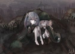 2girls aiu_. arm_around_shoulder bad_id bad_pixiv_id bandaged_head bandaged_leg bandages bare_legs barefoot blood boots empty_eyes expressionless grey_eyes grey_hair hair_between_eyes helmet highres jacket lighting_cigarette long_hair looking_at_viewer military military_uniform multiple_girls no_nose on_ground original ruins side_ponytail signature sitting smoking war