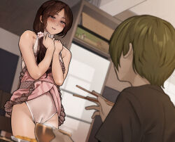 Rule 34 | 1boy, 1girl, age difference, apron, bare arms, bare legs, bare shoulders, black hair, blush, bowl, cameltoe, chopsticks, clothes lift, green hair, highres, holding, long hair, looking at viewer, mature female, motherly netorare, original, plate, purple eyes, pussy, rice bowl, short hair, smile, underwear, yewang19
