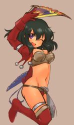 1girl :d aira_(dq7) armor bikini_armor black_hair breasts cosplay dark-skinned_female dark_skin dragon_quest dragon_quest_vii gloves groin hand_fan highres idolmaster idolmaster_cinderella_girls looking_at_viewer natalia_(idolmaster) navel one_eye_closed open_mouth purple_eyes short_hair simple_background smile solo thighhighs