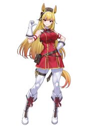 Rule 34 | 1girl, absurdres, animal ears, armband, belt, belt pouch, blonde hair, boots, bow, bowtie, breasts, brown eyes, brown hat, buttons, commentary, cosplay, double-breasted, dress, ear covers, full body, gloves, gold ship (umamusume), gold ship (umamusume) (cosplay), grin, hair between eyes, hair bow, hand on own hip, hat, high heel boots, high heels, highres, hololive, hololive indonesia, horse ears, horse girl, horse tail, kaela kovalskia, large breasts, lips, long hair, looking at viewer, pantyhose, pillbox hat, pointing, pointing at self, pointing with thumb, pouch, raikkonen, red bow, red bowtie, red dress, red eyes, short dress, sidelocks, simple background, sleeveless, sleeveless dress, smile, solo, standing, straight hair, tail, taut clothes, taut dress, teeth, tight clothes, umamusume, virtual youtuber, white background, white boots, white gloves
