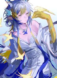 1girl ambience_synesthesia animal arknights arm_up bare_shoulders bird bird_on_hand blonde_hair chinese_commentary chixufankunzhong colored_extremities commentary_request dress expressionless grey_dress grey_eyes grey_hair grey_sash highres jewelry long_hair looking_at_animal multicolored_hair necklace off_shoulder official_alternate_costume pearl_necklace purple_hair sash shu_(arknights) shu_(bingwenyuyou)_(arknights) solo yellow_bird