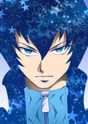 Rule 34 | 1boy, blue background, blue eyes, blue hair, blue jacket, blue theme, closed mouth, commentary request, determined, fuyuzato seia, gradient background, hair between eyes, hoshi wo miru hito, jacket, light frown, light particles, lips, male focus, minami (hoshi wo miru hito), portrait, solo, star (symbol), stargazer (series), turtleneck, turtleneck jacket, v-shaped eyebrows, zipper, zipper pull tab