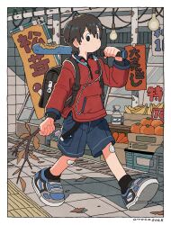 1boy 2025 backpack bag banana bandaid bandaid_on_knee bandaid_on_leg baseball_bat black_bag black_hair black_socks blue_shorts border bottle carrot commission dot_nose food fruit headphones highres holding holding_baseball_bat holding_stick jacket leaf light_bulb male_focus onoconokoko0625 original persimmon randoseru red_jacket shoes short_hair shorts sidewalk sign sneakers socks solo spray_bottle stick walking white_border