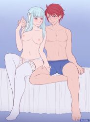 1boy 1girl blue_boxers boxers breasts eliwood_(fire_emblem) fire_emblem fire_emblem:_the_blazing_blade highres kalruna male_underwear medium_breasts ninian_(fire_emblem) nintendo panties red_hair thighhighs topless_female underwear white_panties white_thighhighs
