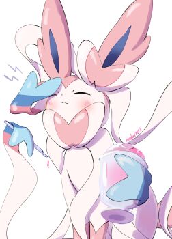 Rule 34 | absurdres, animal focus, blush, bow, brain freeze, closed eyes, closed mouth, cup, food, gen 6 pokemon, glass, highres, holding, holding cup, holding spoon, nintendo, no humans, pokemon, pokemon (creature), pokemon focus, ribbon, shaved ice, simple background, spoon, sylveon, tail, virchu17113, white background