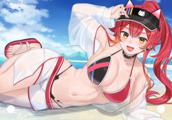 1girl bikini black_bikini black_nails blush breasts cat_ear_bikini collar commentary_request feet fish_skeleton_print foot_out_of_frame hair_between_eyes hand_on_headwear hat hat_with_ears highres jacket jewelry large_breasts long_hair looking_at_viewer lying multicolored_bikini multicolored_hair nail_polish navel nekota_tsuna nekota_tsuna_(summer_c102) ocean on_side orange_eyes orange_hair pink_bikini red_hair sandals see-through_clothes see-through_jacket shorts smile solo spiked_ear_piercing streaked_hair swimsuit toenail_polish toenails toes tojo_aoi virtual_youtuber vspo! wet