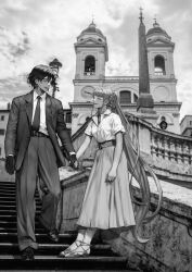 1boy 1girl absurdres alternate_costume arm_at_side belt braid braided_hair_rings casual closed_eyes collared_shirt constantine_xi_(fate) couple cross cross_earrings dnstar_1019 earrings facing_another fate/grand_order fate_(series) formal_clothes full_body gloves greyscale hair_between_eyes hair_rings hetero highres holding_hands jacket jewelry johanna_(fate) long_hair long_sleeves monochrome necktie on_stairs open_clothes open_jacket open_mouth outdoors pants photo_background piazza_di_spagna ponytail real_world_location rome_(city) sandals shirt shoes short_hair short_sleeves skirt sleeves_rolled_up smile stairs standing suit swept_bangs teeth upper_teeth_only very_long_hair