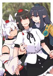 3girls absurdres anger_vein angry animal_ear_fluff animal_ears armor black_coat black_ribbon black_skirt blue_dress blue_hair blue_hat blush bridal_gauntlets brown_hair closed_mouth coat collared_shirt commentary_request detached_sleeves dress frilled_skirt frills hair_between_eyes hat highres hip_vent iizunamaru_megumu inubashiri_momiji love_triangle midriff min.k multiple_girls neck_ribbon no_wings open_mouth pauldrons pointy_ears pom_pom_(clothes) puffy_short_sleeves puffy_sleeves red_eyes red_hat ribbon ribbon-trimmed_sleeves ribbon_trim shameimaru_aya shirt short_hair short_sleeves shoulder_armor shoulder_guard single_pauldron skirt sleeveless sleeveless_coat smile surcoat sweat tail tokin_hat touhou white_hair white_shirt wolf_ears wolf_girl wolf_tail yuri