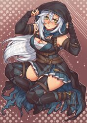 1girl black_gloves black_hood blush breasts cleavage commentary commission double-parted_bangs eiyuu_densetsu english_commentary fie_claussell fingerless_gloves floating_hair gloves green_eyes hair_between_eyes high_heels hiomaika hood kneeling kuro_no_kiseki_(series) large_breasts long_hair looking_at_viewer parted_bangs plunging_neckline skirt solo thighhighs twitter_username white_hair
