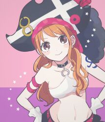 Rule 34 | 1girl, arm strap, bare shoulders, belt, black choker, black skirt, blush, blush stickers, breasts, brown eyes, choker, closed mouth, collarbone, commentary, crop top, earrings, gloves, hands on own hips, hat, highres, jewelry, long hair, looking at viewer, low twintails, medium breasts, midriff, nami (one piece), navel, official alternate costume, official alternate hairstyle, one piece, one piece film: red, orange hair, pearl earrings, pirate hat, shinogo no, shoulder tattoo, single sidelock, skirt, smile, solo, star (symbol), strapless, tattoo, tube top, twintails, upper body, wavy hair, white gloves, white tube top