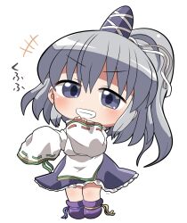 +++ 1girl :d blue_eyes blue_hat blush boots chibi chibi_only commentary_request frilled_skirt frills full_body grey_hair grin hand_up hat hat_ribbon highres long_hair long_sleeves looking_at_viewer mononobe_no_futo open_mouth ponytail purple_boots purple_skirt ribbon ribbon-trimmed_sleeves ribbon_trim rokugou_daisuke shirt signature simple_background skirt sleeves_past_wrists smile solo standing tate_eboshi touhou white_background white_ribbon white_shirt wide_sleeves