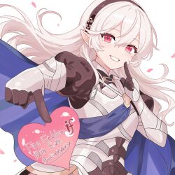 1girl absurdres armor black_hairband blue_cape blush breasts cape female_corrin_(fire_emblem) fire_emblem fire_emblem_fates gloves grey_hair hair_between_eyes hair_ornament hairband heart highres long_hair looking_at_viewer n_54 nintendo open_mouth petals pointy_ears red_eyes simple_background smile solo teeth upper_body white_hair