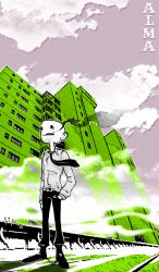 1boy bags_under_eyes bald black_eyes building cloud collared_shirt commentary elsen_(off) english_commentary hand_in_pocket highres long_sleeves male_focus necktie ninacti0n off_(game) open_mouth outdoors pants shirt shirt_tucked_in shoes sky skyscraper smoke smoke_from_mouth solo standing teeth upper_teeth_only wing_collar |_|