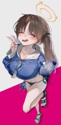 1girl absurdres arm_behind_back bare_legs bikini bikini_bottom_only black-framed_eyewear black_bikini black_ribbon black_sandals blue_archive blue_hoodie blush breasts brown_hair carrying carrying_under_arm collarbone commentary_request cropped_hoodie drawstring drop_shadow enomoto_nao eyewear_hang from_above frown full_body hair_ribbon half-closed_eyes halo hand_up highres hood hood_down hoodie huge_breasts inflatable_torpedo inflatable_toy leg_up legs_folded licking_lips long_hair long_sleeves looking_at_viewer lowleg lowleg_bikini moe_(blue_archive) moe_(swimsuit)_(blue_archive) navel open_mouth orange_halo partial_commentary pink_background ribbon round_eyewear sandals side-tie_bikini_bottom simple_background solo standing standing_on_one_leg stomach swimsuit teeth toenails toes tongue tongue_out torpedo twintails two-tone_background unworn_eyewear v white_background yellow_eyes