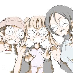 alternate_costume blonde_hair broken_eyewear brown_hair casual claw_pose ebitama_(ebitamamix) fukuda_haru girls_und_panzer glasses grey_hair helmet highres jacket keizoku_military_uniform oono_aya open_mouth round_eyewear rumi_(girls_und_panzer) short_hair smile track_jacket twintails