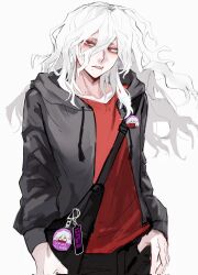 1boy black_jacket black_pants boku_no_hero_academia collarbone cowboy_shot highres jacket long_hair looking_at_viewer male_focus open_clothes open_jacket pants parted_lips red_eyes red_shirt shigaraki_tomura shirt simple_background solo teeth white_background white_hair wusi444