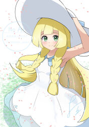 Rule 34 | 1girl, absurdres, arm up, armpits, blonde hair, closed mouth, collared dress, commentary request, dress, eyelashes, falling petals, grass, green eyes, hand on headwear, happy, hat, highres, lillie (pokemon), long hair, looking at viewer, nintendo, oronamin poke, petals, pokemon, pokemon sm, smile, solo, sun hat, watermark, white dress, white hat