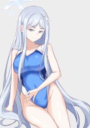 1girl absurdres blue_archive blue_eyes blue_one-piece_swimsuit breasts collarbone colored_eyelashes competition_swimsuit covered_navel feet_out_of_frame gluteal_fold grey_background grey_hair hair_ornament halo highleg highres large_breasts long_hair looking_at_viewer minaduki0707 nagusa_(blue_archive) one-piece_swimsuit simple_background sitting smile solo swimsuit very_long_hair