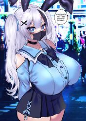 1girl alternate_breast_size_(larger) animal_ears arms_behind_back bare_shoulders black_bow black_choker black_mask black_skirt black_streaks blue_brooch blue_eyes blue_gemstone blue_shirt blurry blurry_background bow breasts bright_pupils brooch buttons choker clothing_cutout collared_shirt commentary covered_mouth cowboy_shot double-parted_bangs english_commentary english_text fake_animal_ears gem hair_ornament heart heart-shaped_gem heart_brooch highres huge_breasts jewelry jirai_kei long_hair long_sleeves looking_at_viewer mask miniskirt mouth_mask multicolored_hair original osiimi pleated_skirt rabbit_ears sally_sinclair second-party_source shirt shoulder_cutout single_hair_streak skirt solo speech_bubble streaked_hair talking two_side_up white_hair white_pupils x_hair_ornament