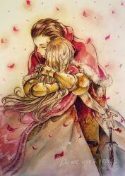 1boy 1girl armor blonde_hair brown_hair caution delita_heiral dress dropping final_fantasy final_fantasy_tactics highres hug knife long_hair mayim ovelia_atkascha petals red_robe robe simple_background weapon white_dress yellow_armor yellow_gauntlets