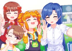 4girls amami_haruka blue_hair blush box brown_eyes brown_hair closed_eyes collarbone collared_shirt double_v facing_viewer fake_screenshot flat_chest futami_ami gift gift_box grin hair_ornament hair_ribbon hand_up hands_up hotshosho idolmaster idolmaster_(classic) indoors kisaragi_chihaya long_hair long_sleeves multiple_girls office one_eye_closed open_mouth orange_hair outstretched_arm pixel_art red_ribbon ribbon selfie shirt short_hair short_sleeves side_ponytail sideways_glance smile star_(symbol) star_hair_ornament takatsuki_yayoi teeth twintails upper_body upper_teeth_only v white_shirt