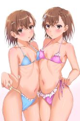 Rule 34 | 2girls, asymmetrical bangs, asymmetrical docking, bikini, blue bikini, breast press, breasts, brown eyes, brown hair, clone, commentary, hair ornament, hairpin, highres, looking at viewer, misaka imouto, misaka mikoto, multiple girls, navel, purple bikini, short hair, simple background, sioo 1029, small breasts, swimsuit, symbol-only commentary, toaru kagaku no railgun, toaru majutsu no index