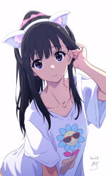 1girl animal_ear_hairband animal_ears black_hair cat_day cat_ears closed_mouth collarbone commentary_request dated fake_animal_ears hair_ornament hair_scrunchie hairband highres inoue_takina long_hair lycoris_recoil nii_manabu pink_scrunchie ponytail purple_eyes scrunchie shirt short_sleeves sidelocks signature solo tucking_hair white_shirt