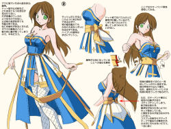 1girl arch_bishop_(ragnarok_online) blue_dress breasts brown_hair cleavage closed_mouth commentary_request cowboy_shot cross dress expressionless fishnet_thighhighs fishnets frilled_thighhighs frills green_eyes long_hair medium_breasts multiple_views panties pointing_out_the_details ragnarok_online sash simple_background strapless strapless_dress tatsumi_ray thighhighs translation_request underwear white_panties white_thighhighs yellow_sash