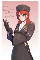 Rule 34 | 1boy, adjusting clothes, adjusting gloves, arditi, bishounen, black coat, black gloves, character name, chokha, closed mouth, coat, collar pin, collared shirt, cossack, cowboy shot, english text, epaulettes, fluffkaiser, fur hat, gazyr, gloves, gradient background, green eyes, hair between eyes, hair over shoulder, hat, high collar, highres, kenneth del duca, long hair, long sleeves, looking at viewer, medal, military uniform, non-web source, order of symon petliura, order of the great siberian ice march, original, red hair, ribbon of saint george, russian civil war, russian flag, scabbard, shashka, sheath, shiny eyes, shirt, simple background, skull, skull pin, smile, solo, standing, ukrainian flag, white shirt, white undershirt, wide sleeves, world war i