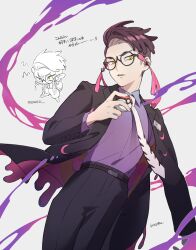 Rule 34 | 1boy, angry, arm up, belt, belt buckle, black-framed eyewear, black belt, black coat, black pants, buckle, chibi, coat, collared shirt, corbeau (pokemon), dutch angle, feet out of frame, glasses, grey background, highres, holding, holding poke ball, kiretsu, lapels, layered sleeves, long sleeves, looking to the side, male focus, multiple views, nintendo, open clothes, open coat, pants, parted hair, parted lips, poke ball, poke ball (basic), pokemon, pokemon legends: z-a, purple shirt, round eyewear, shirt, shirt tucked in, sideways glance, standing, tassel, translation request, wing collar, yellow eyes