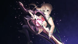 1girl animal_bag black_pantyhose black_shoes bow brown_cardigan brown_eyes brown_hair cardigan chaos;child chest_bow d-sword dress floating_hair frown gero-froggy glasses glowing glowing_sword glowing_weapon hair_ribbon hekiho_academy_school_uniform holding holding_sword holding_weapon huge_weapon light_particles loafers long_sleeves looking_at_viewer one_side_up pantyhose red_bow ribbon round_eyewear school_uniform shiny_eyes shoes side_ponytail solo sword taba_neruko v-shaped_eyebrows weapon white_ribbon yamazoe_uki