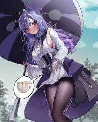 Rule 34 | 1girl, absurdres, artist request, black pantyhose, blush, breasts, detached sleeves, female focus, have to pee, highres, long hair, open mouth, outdoors, pantyhose, parasol, pink eyes, pointy ears, purple hair, solo, standing, sweat, tree, trembling, umbrella, vivian banshee, zenless zone zero