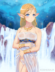 1girl arm_under_breasts armpits artist_name bad_id bad_pixiv_id bare_shoulders belted_dress blonde_hair blue_eyes blurry blush bracelet breasts closed_mouth clothes_lift collarbone depth_of_field dress dress_lift eyelashes facing_viewer feet female_focus fingernails gold_belt gold_bracelet gold_necklace holding holding_unworn_clothes holding_unworn_dress jewelry koshio koshiosaur lake legs legs_together long_hair looking_at_viewer medium_breasts nature neck necklace nervous_smile night nintendo nipples no_bra outdoors panties parted_bangs pointy_ears princess_zelda sandals see-through_clothes see-through_dress see-through_panties sexually_suggestive shy sky small_breasts smile solo sparkle standing star_(sky) starry_sky strapless strapless_dress the_legend_of_zelda the_legend_of_zelda:_breath_of_the_wild thighs thighs_together toenails toes toga triforce tunic tunic_lift underwear water water_drop waterfall wet wet_clothes wet_dress wet_hair wet_panties white_dress white_panties white_tunic