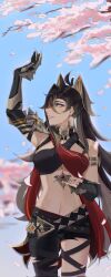 1girl 4reiji absurdres antenna_hair arm_armor arm_up bandeau bare_shoulders belt black_bandeau black_belt black_gloves black_hair black_shorts blonde_hair blonde_streaks blue_eyes blue_sky blurry blurry_background blurry_foreground braid breasts cherry_blossoms commentary cowboy_shot crossed_bangs crossed_belts dark-skinned_female dark_skin dehya_(genshin_impact) earrings elbow_gloves english_commentary falling_petals fingerless_gloves gem genshin_impact gloves gold_trim hair_between_eyes hair_ears highres jewelry long_hair looking_to_the_side medium_breasts multiple_thigh_straps navel parted_lips petals pink_petals red_bandeau red_gemstone shorts signature single_earring single_fingerless_glove sky slit_pupils smile solo stomach teeth torn_clothes torn_shorts triangle_earrings two-tone_bandeau usekh_collar very_long_hair yellow_pupils