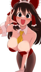 1girl :d absurdres animal_ears between_breasts black_eyes blush bow breasts brown_hair brown_pantyhose collar commentary_request cookie_(touhou) cowboy_shot detached_collar empty_eyes fake_animal_ears frilled_bow frilled_hair_tubes frills hair_bow hair_tubes hakurei_reimu highres large_breasts leotard long_hair looking_at_viewer necktie necktie_between_breasts noel_(cookie) open_mouth pantyhose playboy_bunny pyukasshori rabbit_ears red_bow red_leotard sidelocks simple_background smile solo strapless strapless_leotard touhou w white_background white_collar yellow_necktie