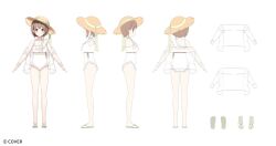 1girl bare_legs bare_shoulders blush breasts brown_hair casual_one-piece_swimsuit choker downscaled frilled_one-piece_swimsuit frills full_body harusaki_nodoka harusaki_nodoka_(holonatsu_paradise) hat hat_ribbon hololive holonatsu_paradise looking_at_viewer multiple_views official_alternate_costume one-piece_swimsuit red_eyes reference_sheet resized ribbon sandals see-through_clothes short_hair simple_background smile standing straw_hat sun_hat swimsuit turnaround virtual_youtuber white_background white_one-piece_swimsuit
