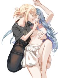 2girls bang_dream! bang_dream!_it&#039;s_mygo!!!!! barefoot belt blonde_hair blue_hair bra bra_lift breasts caressing_cheek chain chain_necklace closed_eyes commentary_request highres jewelry kiss light_blush long_hair medium_breasts medium_hair misumi_uika multiple_girls navel necklace nichiju_(you) nipples pants shirt simple_background skirt t-shirt togawa_sakiko underwear white_background yuri