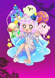 1girl barefoot blush candy claw_pose cocktail flat_chest food ghost green_eyes halloween_costume hat highres ice_cream ice_cream_float looking_at_viewer mini_hat mini_top_hat monster_girl mummy_costume official_art open_mouth puniru_(puniru_wa_kawaii_slime) puniru_wa_kawaii_slime purple_hair silk slime_(substance) slime_girl smile solo spider_web star_(symbol) toes top_hat