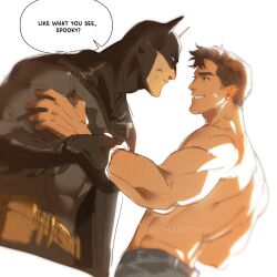 2boys batman batman_(series) black_cape black_gloves blue_pants brown_eyes brown_hair bruce_wayne cape closed_mouth commentary cowl dc_comics denim elbow_gloves english_commentary english_text eye_contact gloves gothamcoast green_lantern_(series) grin hal_jordan hand_on_another&#039;s_arm hand_on_another&#039;s_chest jeans looking_at_another male_focus multiple_boys pants short_hair smile speech_bubble superhero_costume teeth thick_eyebrows topless_male twitter_username unamused yaoi