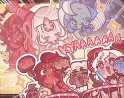 2boys 3girls 3others black_hair blue_skin blush burning_spice_cookie candy_apple_cookie closed_eyes cloud_haetae_cookie colored_skin cookie_run cookie_run:_kingdom dark_skin heart heart-shaped_eyes ishrkut long_hair multiple_boys multiple_girls multiple_others mystic_flour_cookie nutmeg_tiger_cookie one_eye_closed red_hair shadow_milk_cookie veil white_hair white_veil