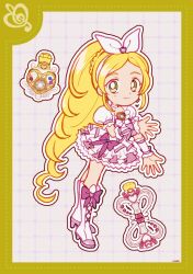 1girl blonde_hair boots border bow bow_hairband bowtie braid bright_pupils brooch choker closed_mouth crown_braid cure_rhythm deformed dot_nose dotted_line dress dress_bow earrings eyelashes frilled_dress frilled_sleeves frilled_wrist_cuffs frills full_body green_eyes grey_background grid_background hairband heart heart_brooch heart_earrings high_heel_boots high_heels highres jewelry knee_boots lace-up_boots long_hair looking_at_viewer magical_girl minamino_kanade outline pink_bow pleated_dress precure puffy_short_sleeves puffy_sleeves purple_bow short_dress short_sleeves signature smile solo square_neckline standing suite_precure tareme uwded_207 very_long_hair wand wavy_hair white_boots white_bow white_bowtie white_choker white_dress white_hairband white_outline white_pupils white_wrist_cuffs wrist_bow wrist_cuffs yellow_border