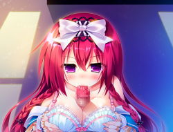 1girl blush bra braid breasts_squeezed_together breasts censored cleavage fellatio game_cg hairband highres large_breasts long_hair mayoeru_futari_to_sekai_no_subete_love_heaven_300_percent mizunomiya_nana mosaic_censoring open_clothes oral paizuri penis purple_eyes red_hair saliva solo_focus underwear youta