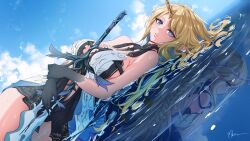 1girl bare_shoulders black_collar black_dress blonde_hair blue_eyes blue_hair blue_sky breasts cartethyia_(wuthering_waves) collar colored_inner_hair commentary crown_of_thorns day different_reflection dress fleurdelys_(wuthering_waves) highres holding holding_sword holding_weapon horns large_breasts long_horns looking_at_viewer lying mkm_0610 multicolored_hair on_side outdoors parted_lips pointy_ears reflection reflective_water sidelocks signature single_horn sky sword tabard tacet_mark_(wuthering_waves) weapon white_tabard wuthering_waves yellow_horns