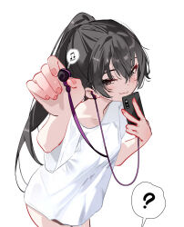 1girl ? brown_eyes brown_hair cellphone commentary earbuds earphones english_commentary foreshortening hand_up high_ponytail highres holding holding_phone looking_at_viewer outstretched_arm phone ponytail shirt smartphone smile solo spoken_question_mark standing suou_yuki sydus thighs tokidoki_bosotto_roshia-go_de_dereru_tonari_no_alya-san white_shirt