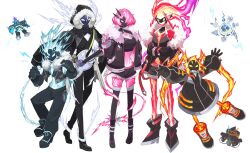2boys 2girls 4others boots cleavage_cutout clothing_cutout fiery_hair fur-trimmed_jacket fur_trim gigantic_spright gloves guitar highres holding holding_microphone instrument jacket jacket_on_shoulders long_hair long_sleeves male_focus microphone midriff multiple_boys multiple_girls multiple_others music open_clothes open_jacket pants playing_instrument sakuragi_raia shoes short_hair short_shorts shorts simple_background sleeveless sleeveless_jacket spright_blue spright_carrot spright_jet spright_pixies spright_red spright_sprind thighhighs white_background yu-gi-oh!