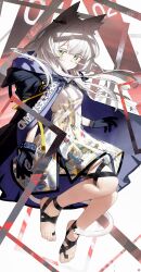 Rule 34 | 1girl, absurdres, animal ears, arknights, barefoot, black cloak, blue cloak, cat ears, cat girl, cat tail, cloak, colored eyelashes, commentary request, dress, earpiece, floating, floating hair, full body, green eyes, grey hair, highres, hood, hood down, hooded cloak, infection monitor (arknights), long hair, looking at viewer, rosmontis (arknights), solo, songchuan li, tail, toes, two-tone cloak, white dress